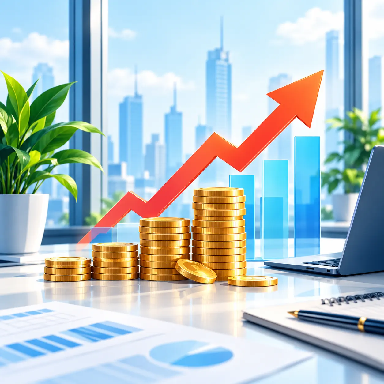 Stack of coins with an upward trend arrow