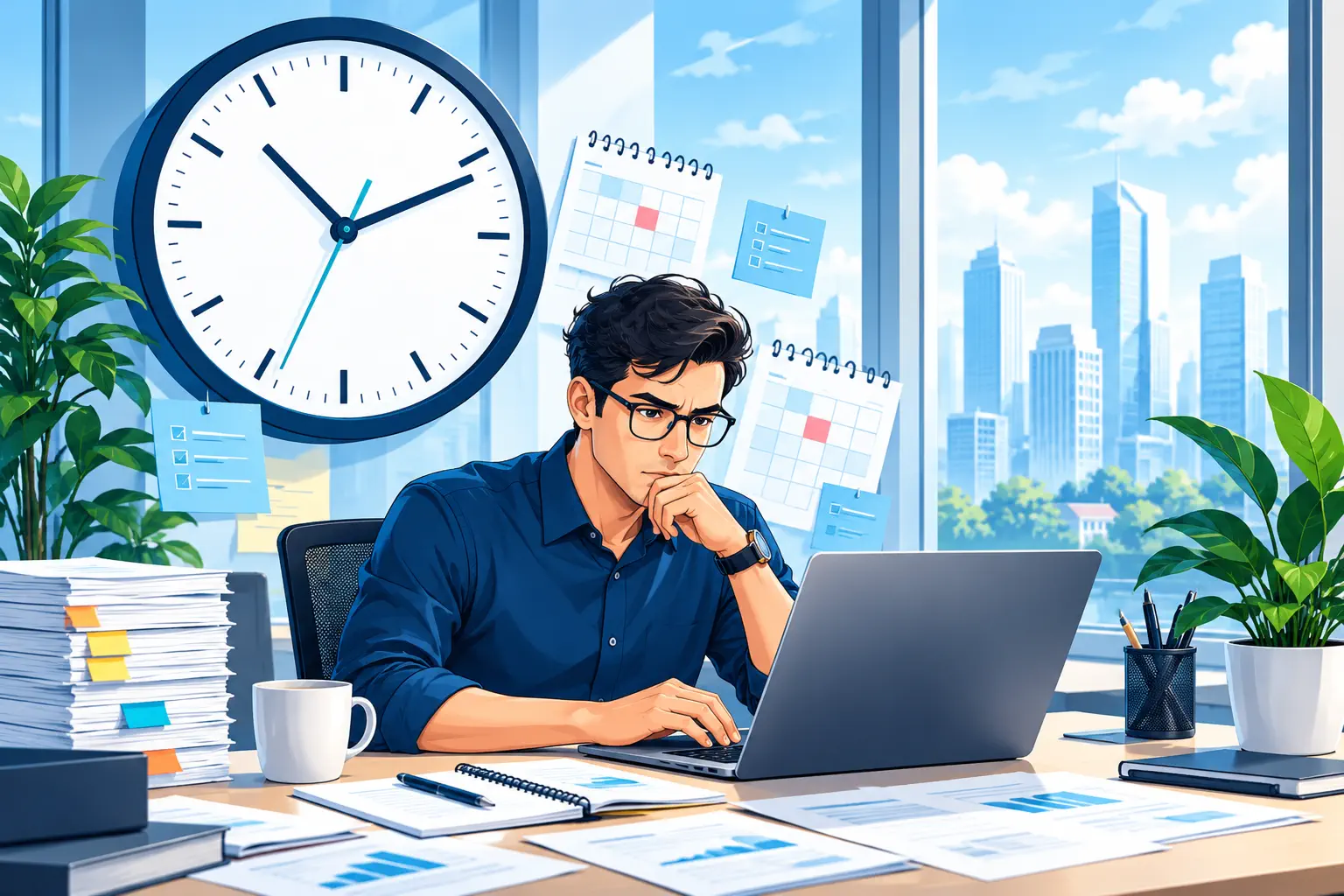 Clock beside a professional working at a laptop