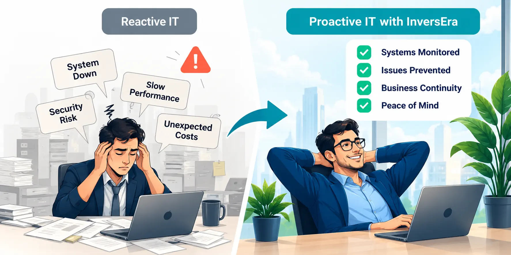 Illustration comparing reactive IT problems with proactive monitoring, prevention, business continuity, and peace of mind